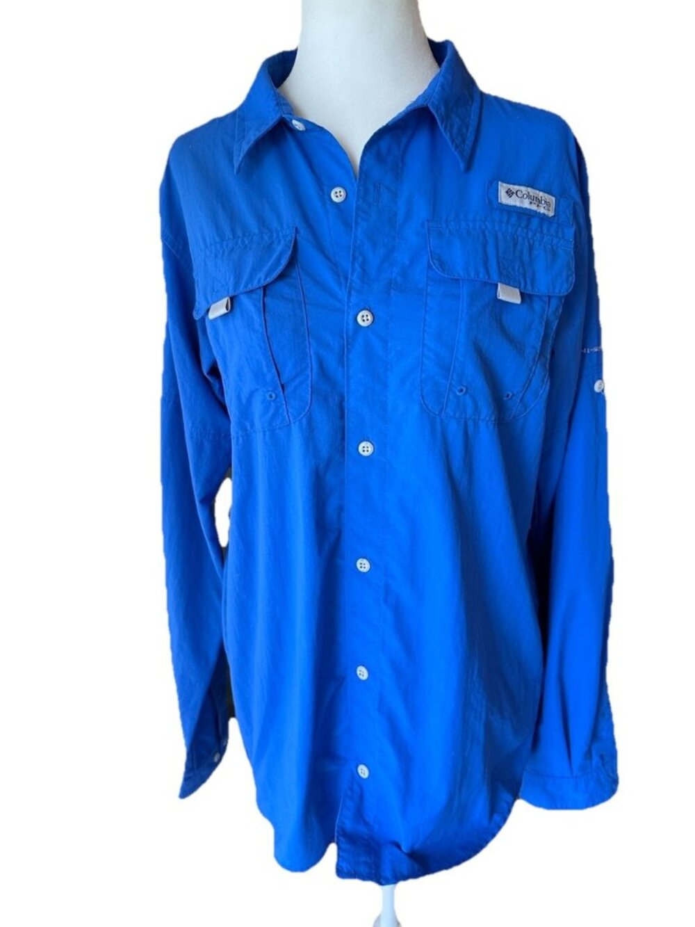 Columbia Blue Long Sleeve Button Front Fishing Shirt